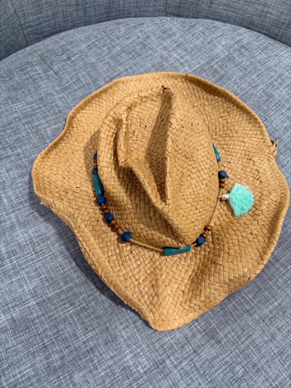 Woven Straw Beach Hat with Turquoise Bead Trim
